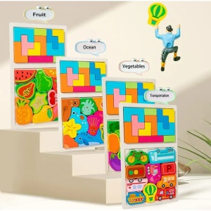 Puzzle Montessori din Lemn pentru Copii, Flippy, Tip Tetris 2in1 +3 Ani, cu Animale Marine Colorate 3D, Educativ, Intuitiv, Creativ, 21 de Piese, 28.5x17x1.2 cm, Multicolor - Img 3