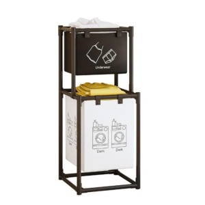Raft/Cos Depozitare Haine Murdare, Flippy, pentru Baie, cu 2 Etaje, 2 Cosuri, Cadru de Otel Inoxidabil, 97 x 44 x 31 cm, Negru - Img 1