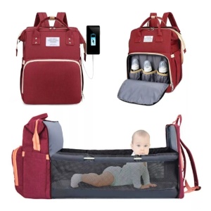 Rucsac Multifunctional pentru Mamici, Flippy, cu Patut Pliabil si Baza de Schimbat, Rezistent la Apa, Capacitate Mare, Usor, Compartimente Multiple, Buzunar Termic pentru Lapte, 42 x 32 x 22 cm, Rosu - Img 3