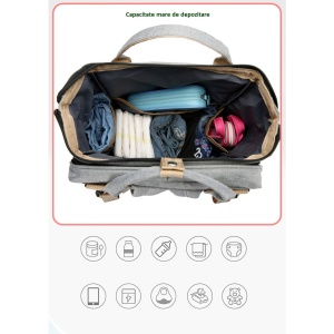 Rucsac Multifunctional pentru Mamici, Flippy, cu Patut Pliabil si Baza de Schimbat, Rezistent la Apa, Capacitate Mare, Usor, Compartimente Multiple, Buzunar Termic pentru Lapte, 42 x 32 x 22 cm, Mov - Img 8