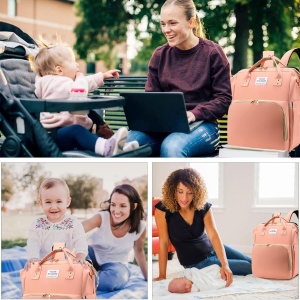 Rucsac Multifunctional pentru Mamici, Flippy, cu Patut Pliabil si Baza de Schimbat, Rezistent la Apa, Capacitate Mare, Usor, Compartimente Multiple, Buzunar Termic pentru Lapte, 42 x 32 x 22 cm, Roz Pudra - Img 2