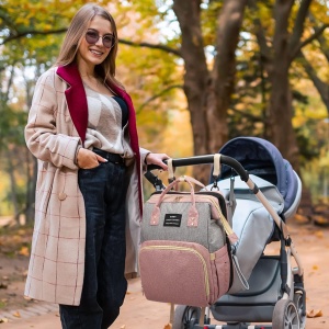 Rucsac Multifunctional pentru Mamici, Flippy, din Panza Oxford, Compartimentare Multipla, Impermeabil, 43 x 18 x 26 cm, Roz/Gri - Img 5