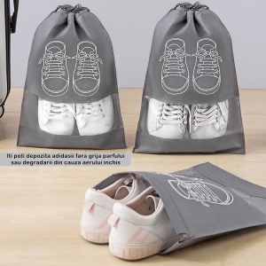 Sac depozitare incaltaminte, pentru voiaj sau depozitare, rezistent la praf, compatibil cu masina de spalat, 27 x 36 cm, gri deschis - Img 4