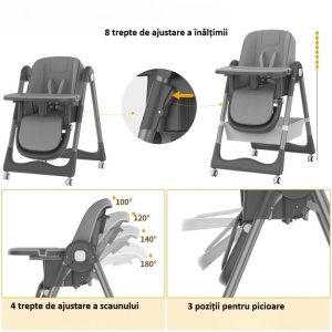 Scaun de Masa pentru Bebelusi si Copii, Flippy, 2 Tavite si Husa Detasabile, Multifuncțional, Stabil, Centura de Siguranta, Inaltime Ajustabila, Spatar Reglabil Moale, Cos de Depozitare, 100x50x80cm, de la 6 Luni, Gri - Img 3