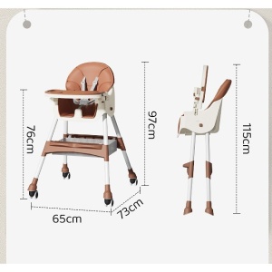Scaun de masa pentru bebelusi si copii Flippy, cu roti, telescopic, pliabil, masuta reglabila, suport picioare, scaun invelis piele artificiala, centura siguranta, spatiu depozitare, 97 x 73 x 65 cm, maro - Img 10