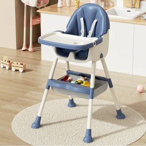 Scaun de Masa pentru Bebelusi si Copii, Flippy, cu Roti, Telescopic, Pliabil, Masuta Reglabila, Suport Picioare, Scaun cu Invelis Piele Artificiala, Centura Siguranta, Spatiu Depozitare, 97x73x65 cm, Albastru - Img 5