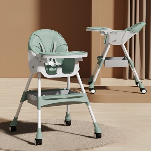 Scaun de Masa pentru Bebelusi si Copii, Flippy, cu Roti, Telescopic, Pliabil, Masuta Reglabila, Suport Picioare, Scaun cu Invelis Piele Artificiala, Centura Siguranta, Spatiu Depozitare, 97x73x65 cm, Verde - Img 3