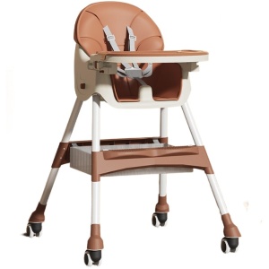 Scaun de masa pentru bebelusi si copii Flippy, cu roti, telescopic, pliabil, masuta reglabila, suport picioare, scaun invelis piele artificiala, centura siguranta, spatiu depozitare, 97 x 73 x 65 cm, maro - Img 1