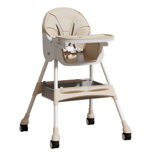 Scaun de Masa pentru Bebelusi si Copii, Flippy, cu Roti, Telescopic, Pliabil, Masuta Reglabila, Suport Picioare, Scaun cu Invelis Piele Artificiala, Centura Siguranta, Spatiu Depozitare, 97x73x65 cm, Bej - Img 1