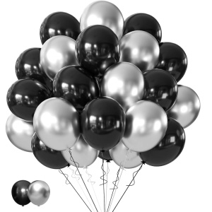 Set 10 Baloane din Latex Chrome, Flippy, Model Party, 23 cm, Negru Argintiu, 2.2 g - Img 9