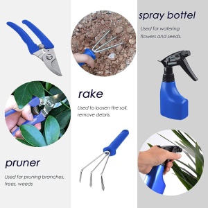 Set 10 Unelte de Gradina, Flippy, pentru Plantare Prelucrare Sol si Ingrijire Plante, Manere Albastre, Material PVC si Otel Inoxidabil, Cutie Inclusa, 37x28x7 cm, Negru - Img 4