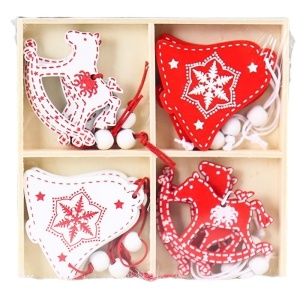 Set 12 Decoratiuni de Craciun din Lemn, Flippy, cu Snur pentru Agatare in Brad, Model Caluti si Clopotei, Alb-Rosu - Img 1