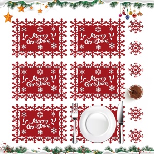 Set 12 Servete pentru Masa si Suporturi de Pahare/Tacamuri, Flippy, Scris Merry Christmas, 6 Servete 25x35 cm, 6 Suporturi de 10x10 cm, Rosu - Img 3