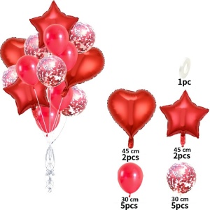 Set 14 Baloane din Folie Metalizată si din Latex, Flippy, Figurine Stea si Inima 45 cm, Baloane Latex 30 cm, Tema Buchet, Ambalaj Individual, Pai Inclus, Umflare cu Aer sau Heliu, Rosu - Img 2