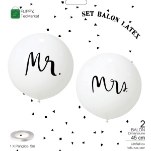 Set 2 Baloane din Latex, Flippy, Tip Jumbo, Model Mr si Mrs, Tema Nunta, 45 cm, Alb - Img 7
