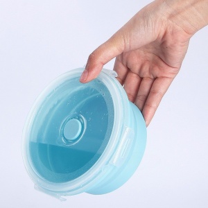 Set 2 caserole rotunde pliabile Flippy, din silicon, rezistenta la temperaturi ridicate, usor de depozitat si curatat, 500 si 800 ml, utilizare in cuptorul cu microunde, albastra - Img 2
