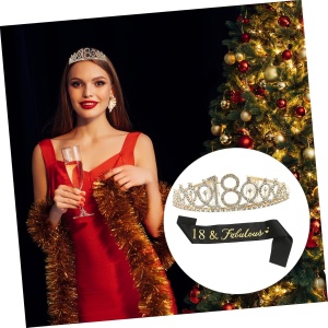 Set 2 Piese pentru Majorat, Flippy, 15 x 13 x 5 cm, Coronita Printesa Gold si Panglica 18&amp;Fabulous, Negru - Img 3