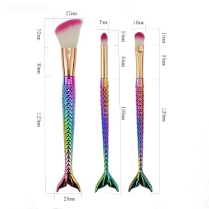 Set 3 Pensule pentru Machiaj Flippy, in Forma de Sirena, Electroplacate, Detalii Fine, Maner Ergonomic, Peri din Fibra Moale, Multicolor - Img 2