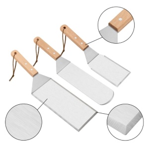 Set 3 spatule pentru gratar Flippy, din metal, margini subtiri, suprafata antiaderenta, rezistente la temperaturi ridicate, maner ergonomic din lemn, 3 forme, agatatoare, gri - Img 6