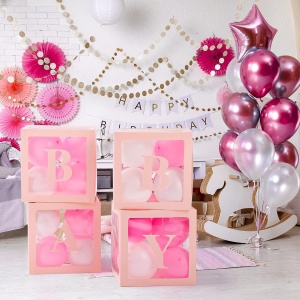 Set 4 Cutii pentru Baloane, Flippy, Model Scris Baby, Tematica Iubire, Cuburi Decorative din Plastic, Accesorii pentru Petrecere, 30 x30 cm, Transparente Contur Roz - Img 5