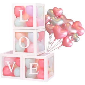 Set 4 Cutii pentru Baloane, Flippy, Model Scris Love, Tematica Iubire, Cuburi Decorative din Plastic, Accesorii pentru Petrecere, 30 x30 cm, Transparente Contur Alb - Img 8
