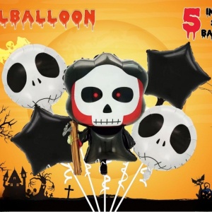 Set 5 Baloane din Folie Metalizata, Flippy, Figurine, Tema Halloween, Pai Inclus, Ambalaj Individual, Umflare cu Aer sau Heliu, Figurina Craniu 50.5x74 cm, Stelute si Cerculete 45 cm, Alb-Negru - Img 6