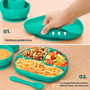 Set 5 piese diversificare bebelusi si copii din silicon Flippy, baveta, farfurie compartimentata cu ventuza, bol cu ventuza, tacamuri, fara alergeni, verde - Img 3