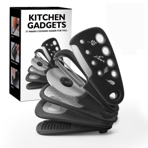 Set 6 in 1 mini ustensile bucatarie Flippy, taietor pizza, cutit, curatator, razatoare, desfacator, presa usturoi, manere din ABS, lame ascutite din otel inoxidabil, 7.1 x 12.9 x 4.8 cm, negru - Img 3
