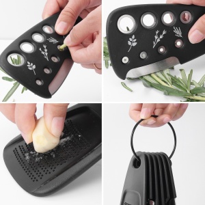 Set 6 in 1 mini ustensile bucatarie Flippy, taietor pizza, cutit, curatator, razatoare, desfacator, presa usturoi, manere din ABS, lame ascutite din otel inoxidabil, 7.1 x 12.9 x 4.8 cm, negru - Img 13