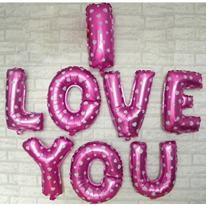 Set 8 Baloane din Folie Metalizata, Figurine Litere, Model I Love You, Tema Ziua Indragostitilor, 40 cm, Ambalaj Individual, Pai Inclus, Umflare cu Aer sau Heliu, Roz cu Inimioare Albe - Img 2