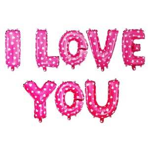 Set 8 Baloane din Folie Metalizata, Figurine Litere, Model I Love You, Tema Ziua Indragostitilor, 40 cm, Ambalaj Individual, Pai Inclus, Umflare cu Aer sau Heliu, Roz cu Inimioare Albe - Img 1