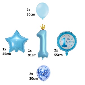 Set 8 Baloane din Folie Metalizată si din Latex, Flippy, Figurine Cifra 1 Printesa 91cm, Stea 45 cm si Cerc 55 cm, Baloane Latex 30 cm, Tema Prima Aniversare, Ambalaj Individual, Pai Inclus, Umflare cu Aer sau Heliu, Albastru - Img 8