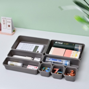 Set 8 cutii depozitare, pentru sertar, cosmetice, ustensile bucatarie, textile, plastic, gri, Flippy, 23.5 x 16 cm - Img 1