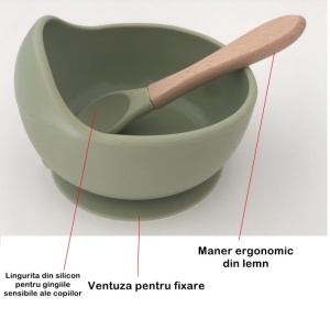 Set 8 piese diversificare bebelusi si copii din silicon Flippy, baveta, farfurie compartimentata cu ventuza, bol cu ventuza, tacamuri din lemn si silicon, cana pentru gustari, fara alergeni, verde inchis - Img 2