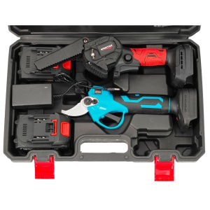 Set foarfeca electrica & mini-drujba cu 2 acumulatori DDT-CRISTAL, 24 V, 2 Ah, incarcator, accesorii incluse - Img 2