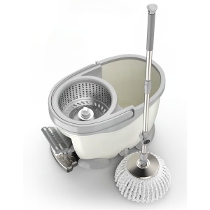 Set Galeata cu Pedala si Mop Rotativ 360°, Flippy, Cu Actiune Centrifuga x4, Pentru Uz Casnic, Maner din Otel Inoxidabil Telescopic, 2 Capte din Bumbac, 46x30x28 cm, Alb Ivoir - Img 2