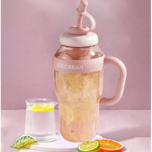 Sticla de Apa, Flippy, Termica, Mentinere 6 Ore, 1400 mL, cu Pai si Capac, PP si Silicon, cu Maner Alb, 25.5x7.5 cm, Roz Deschis - Img 9