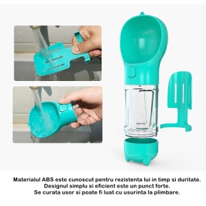 Sticla portabila 4 in 1 Flippy, pentru caini si pisici, cu 3 compartimente + lopetica, 300ml, apa, hrana, pungi igienice, lopetica, 26.7 x 9.7 x 9.4 cm, turcoaz - Img 3