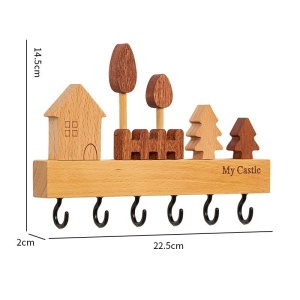 Suport pentru Chei, Flippy, din Lemn, Aplicare fara Perforare, Adeziv Inclus, 6 Carlige Negre, Model Casuta, Greutate Suportata 5 kg, 14.5 x 2 x 22.5 cm, Maro - Img 4