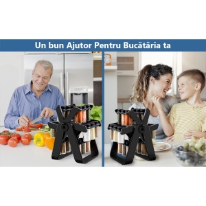 Suport Pentru Condimente Rotativ, Flippy, Multifunctional, Pivotant 360°, Portabil, Usor de Montat, 34x23 cm, ABS/Sticla, Negru - Img 6