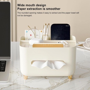 Suport pentru Servetele, Flippy, Cutie Multifunctionala, Design Minimalist, ABS, cu Suport pentru Obiectele Personale, pentru Birou, 21x15x13 cm, Crem - Img 2