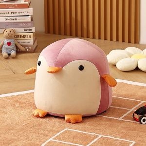 Taburet Pentru Copii, Flippy, Cadru din Lemn Masiv, 25 x 29 x 29 cm, Perna de Burete Elastica si Maner de Transport, in Forma de Pinguin, Roz - Img 7