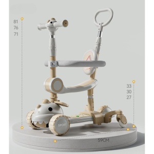 Trotineta Multifunctionala 6 in 1, Flippy, Pentru Copii De La 10 Luni Pana La 12 Ani, Cu Maner De Impingere, Reglabil 360, Pliere Usoara, Reglarea Inaltimii, Model Dinozaur, Alb/Bej - Img 7