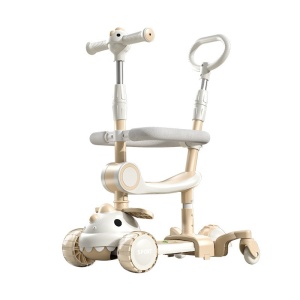 Trotineta Multifunctionala 6 in 1, Flippy, Pentru Copii De La 10 Luni Pana La 12 Ani, Cu Maner De Impingere, Reglabil 360, Pliere Usoara, Reglarea Inaltimii, Model Dinozaur, Alb/Bej - Img 1