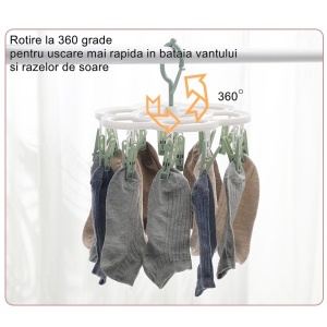 Uscator de Rufe Suspendat Flippy, cu 16 Carlige, Rotire 360 Grade, Mateiral Plastic, Usor de Depozitat, Multifunctional, 26 x 21 cm, Verde - Img 5