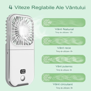 Ventilator Portabil Flippy, 3 in 1, de Mana, de Gat, de Birou, 16.7 x 8 x 1.9 cm, 3 Trepte de Viteza, Incarcare USB, Pliabil, Afisaj Digital, Suport Telefon, Alb - Img 5