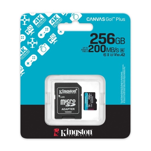 Kingston MicroSD 256GB, Canvas Go! Plus, Class10 UHS-I U3 V30 A2, Read up to 200MB/s, Write up to 160MB/s, for 4K and FullHD video recording, w/SD adapter SDCG4/256GB