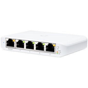 UBIQUITI Flex Mini; (4) GbE ports; (1) GbE PoE input port for power; Optional powering with included 5V, 1A USB-C adapter. USW-FLEX-MINI-EU