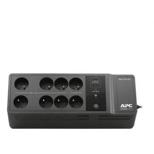 APC APC Back-UPS 650VA, Standby, Floor, 650VA/400W, 230V, AVR, 8x Schuko (6x Full + 2x Surge), USB Type-A Fast Charger Port (2.4A), PF 0.61 (Full load), Battery 7Ah (APCRBC110), Line Protection RJ-45 BE650G2-GR