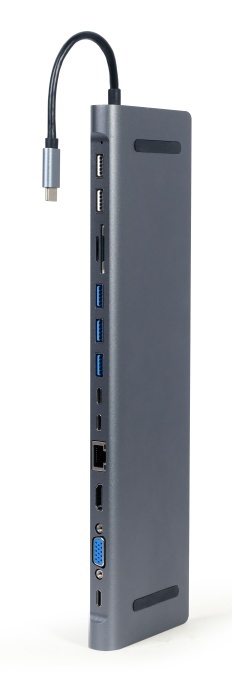 Gembird USB Type-C 9-in-1 multi-port adapter (USB hub + HDMI + VGA + PD + card reader + LAN + 3.5 mm audio), space grey A-CM-COMBO9-01